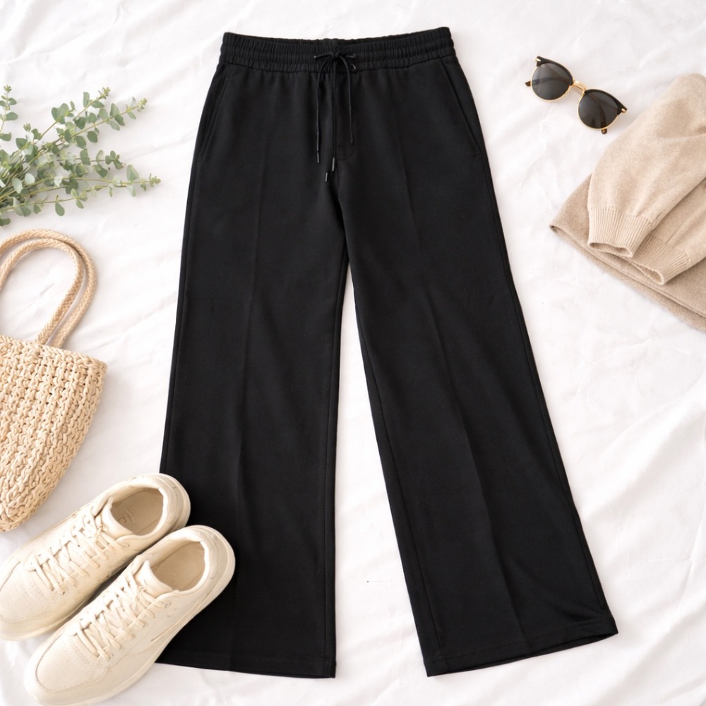 Athleta Black Wide Leg Pants Small Petite Travel Lounge Drawstring Pant